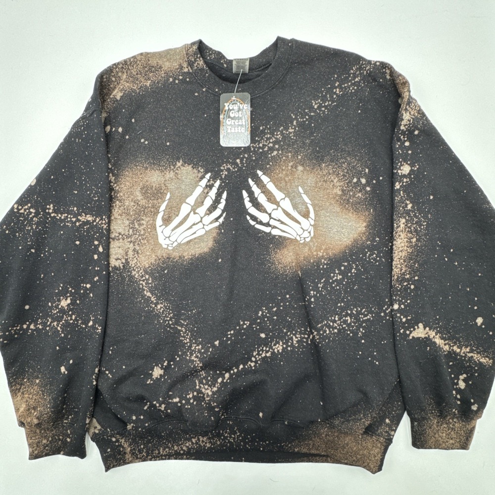 Halloween Skeleton Hand 1989 Boutique Bleached Pullover Sweatshirt Size XL Black